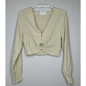 The Native One Women's Crop Top Sz Large Tan White Check‎ V-Neck Long Sleeve